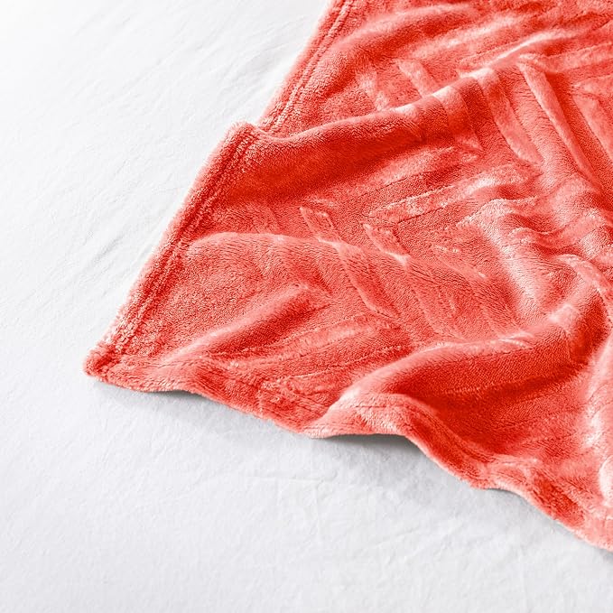 Whale Flotilla Flannel Fleece Bed Blanket Twin Size, Coral | Lightweight Breathable Soft Bedspread, Plush Fluffy Coverlet Chevron Design Decorative Blanket for All Season, 60x80 Inch