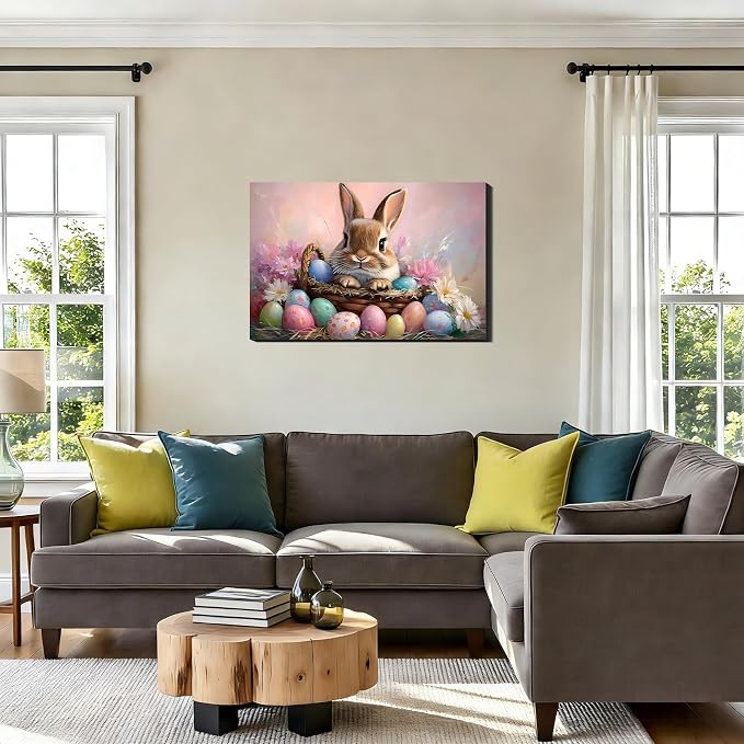 Vivid Easter Bunny Eggs Framed Canvas Wall Art for Bedroom, Colorful Easter Canvas Prints Pictures Wall Decor for Home, Kitchen, Office, Bar Artistic Wall Decorations, Ready to Hang