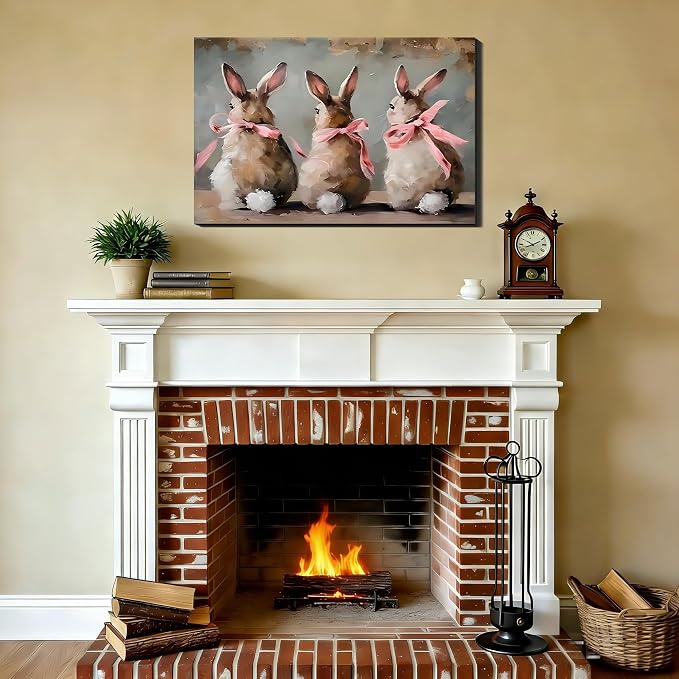 Easter Framed Rabbit Wall Art 12x18 In, Rustic Bunny Pictures for Living Room, Kids Room, Sweet Spring Rabbit Painting Canvas Prints for Easter Bedroom Wall Decor