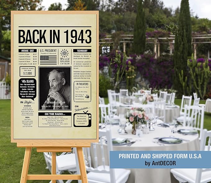 Personalized 82 year old birthday gifts - Back in 1943 Poster - Centerpiece Table Decorations 82nd Birthday Party - Custom Born in 1943 Newspaper Vintage Poster for Men, Women