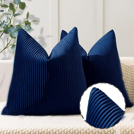 YCOLL Navy Blue Pillow Covers 16x16 Set of 2 Velvet Striped Pattern - Soft Throw Pillows for Home Decor, Luxury Decorative Pillow Covers for Couch, Bed,Living Room