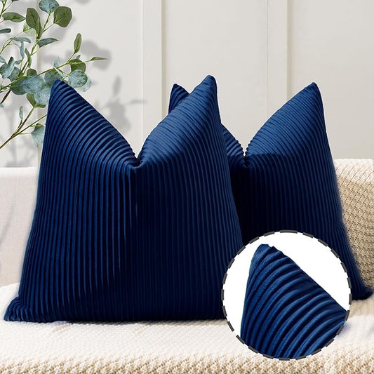 YCOLL Navy Blue Pillow Covers 22x22 Set of 2 Velvet Striped Pattern - Soft Throw Pillows for Home Decor, Luxury Decorative Pillow Covers for Couch, Bed,Living Room