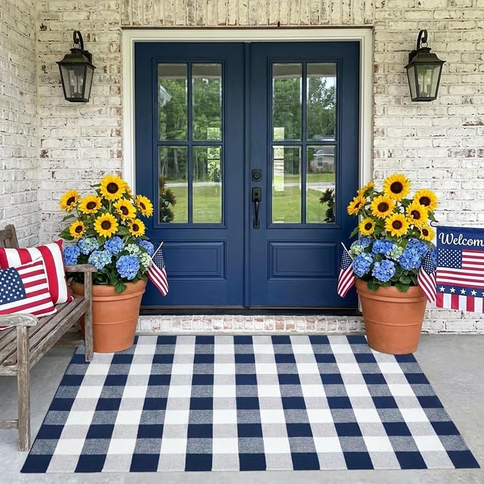 SEEKSEE Buffalo Plaid Rug 4' x 6' Navy Blue and White Large Front Door Mat, Layering Area Rug, Washable Rug for Outdoor Patio Entryway Indoor Living Room Kitchen Dining Room Decor