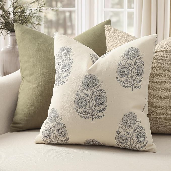 YCOLL Vintage Floral Print Pillow Covers 20x20 Set of 2 Patterned Accent Decorative Cushion Covers Modern Farmhouse Throw Pillow Covers for Sofa Couch Chair Bed Living Room Home Decor, Quiet Gray