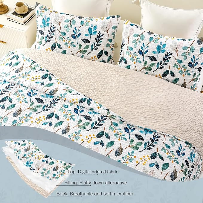 Whale Flotilla California King Size Quilt Set, Soft Floral Leaf Bedspreads | Reversible Lightweight Oversized Quilt Bedding Set for Bed, White Green Printed Coverlets with 2 Pillow Shams for All Seasons