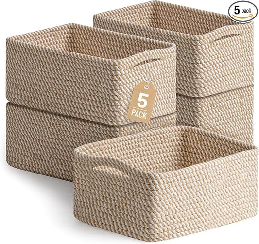 5 Pack Small Woven Storage Baskets for Shelves, Gift Baskets Empty | 11.8"x7.9"x4.7", Decorative Cotton Rope Baskets Organizer, Soft Storage Bins for Organizing Bathroom, Closet, Nursery, Khaki