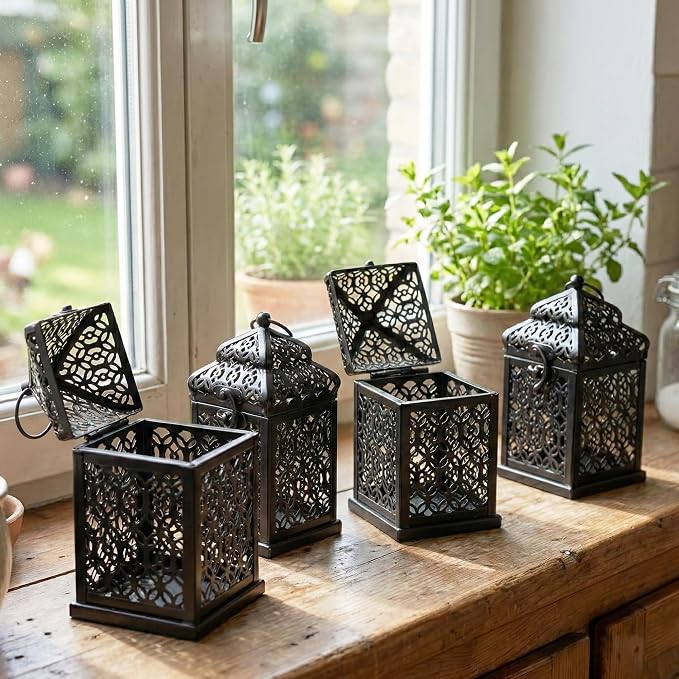 VELA LANTERNS Mini Tower Temple Moroccan Lantern Lamp Decorative Candle Holders for Ramadan Decorations, Hanging, Outdoor Patio or Porch, Indoor Home Decor, Black, Set of 4