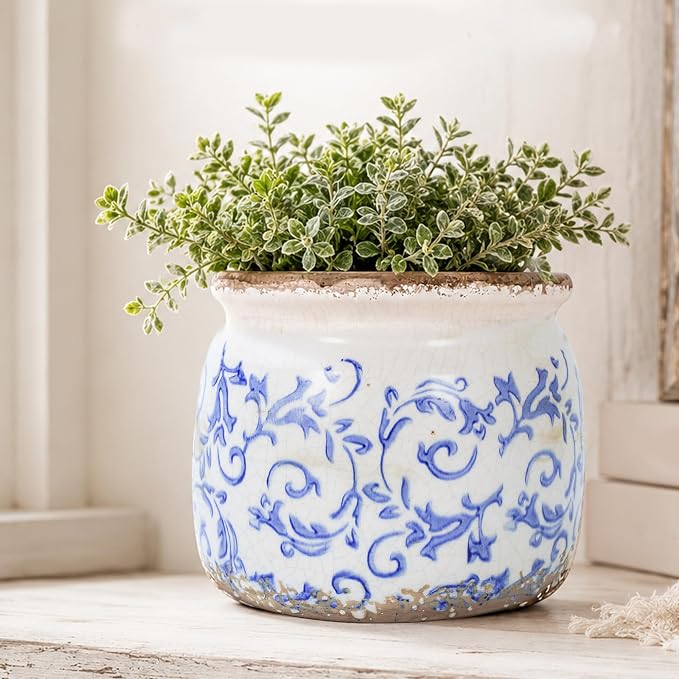 Dosayes Vintage Blue Ceramic Flower Pot
