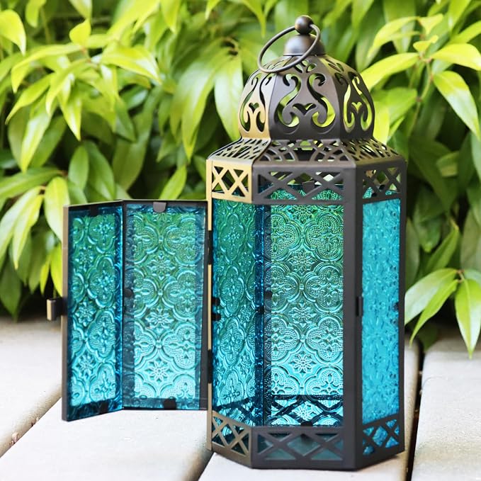 Vela Lanterns Decorative Indoor Candle Holder Table Centerpieces - Moroccan Hanging Outdoor Patio & Porch Home Decor, Turkish Lamp for Wedding, Ramadan (Large 12", Blue Glass)