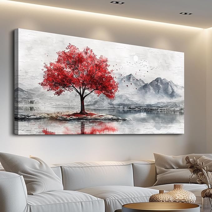 QIYILEXWART Large Wall Decor For Living Room Canvas Wall Art For Office Modern Wall Decorations For Bedroom Red Tree Landscape Painting Farmhouse Pictures Artwork Room Home Decor 24x48 In