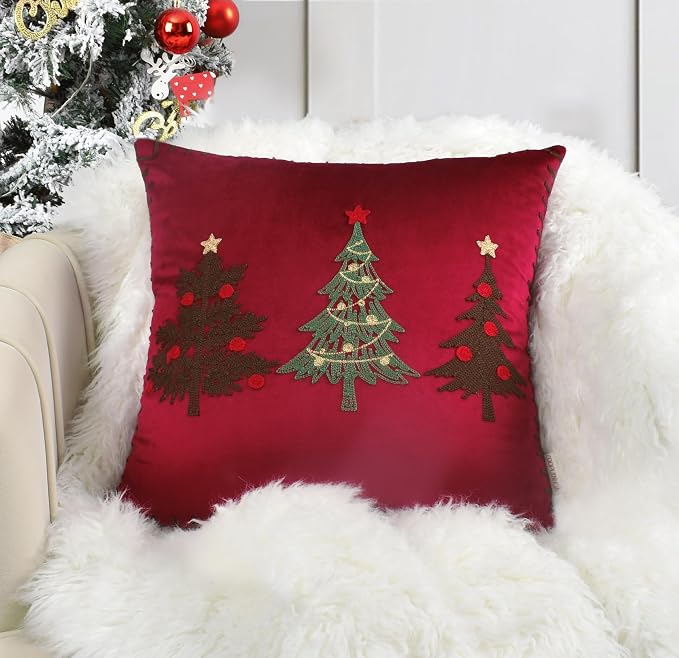 Christmas Tree Pillow Covers 18x18 Inch Red Embroidered Tree Throw Pillows for Holiday Decorations - Cushions for Couch, Sofa, Bed, Living Room, Bedroom