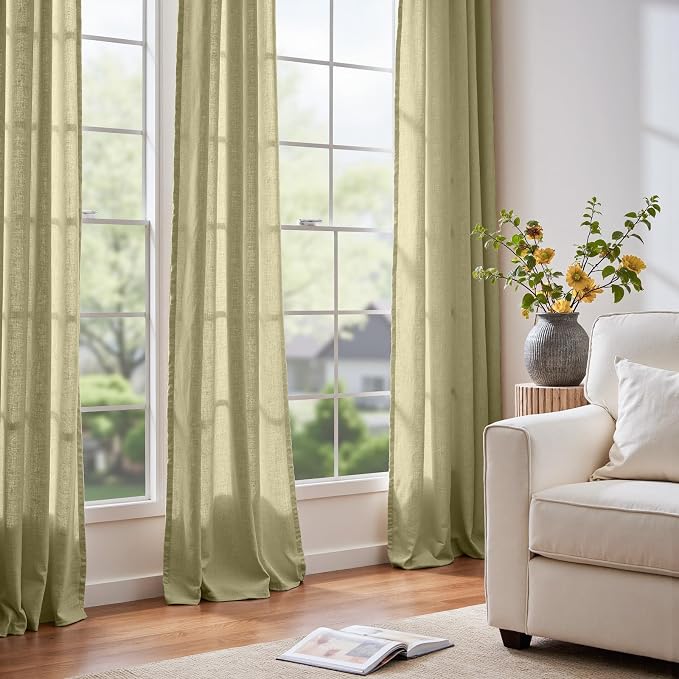 jinchan Custom Size Curtain Linen Curtain 1 Panel Sage Green Semi Sheer Curtains for Living Room Bedroom Neutral Cottage Core Home Office Light Filtering Drape Rod Pocket Back Tab