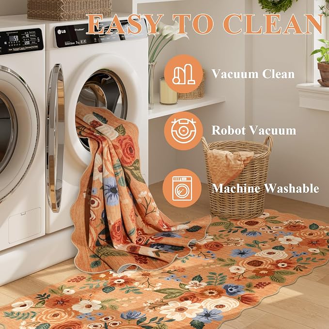 DUKINO 6x9 Area Rugs, Floral Washable Rug for Living Room Non Slip, Orange | Low Pile, Stain Resistant, Soft Indoor Large Rugs for Bedroom, Dining Room, Kids Playroom, Nursery, Pet Friendly, Home Decor