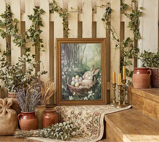 Rienkhu Vintage Easter Rabbit Canvas Wall Art Print Coloured Eggs and Bunny Painting Picture Farmhouse Home Wall Decor for Bedroom Room Living Home Decoration 9x11in