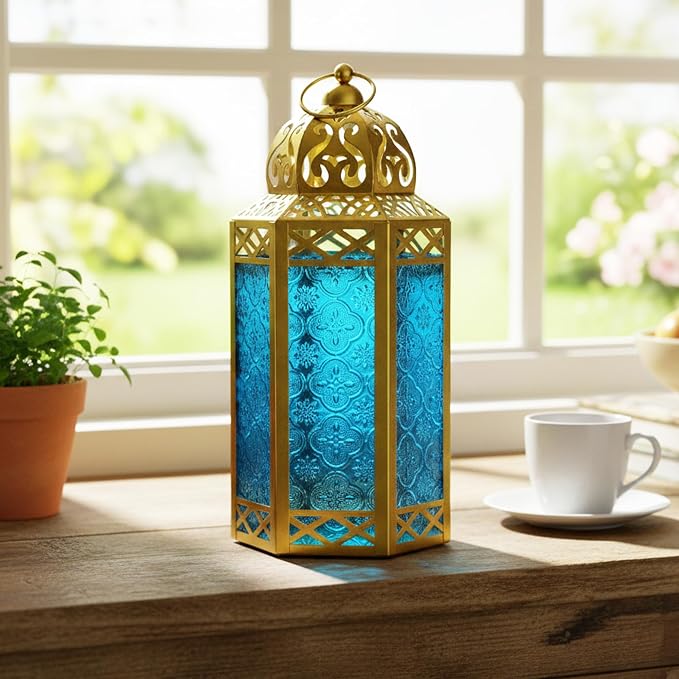 Vela Lanterns 12" Metal Moroccan Decorative Candle Lantern Holders for Hanging or Table, Indoor Home Decor, Outdoor Patio or Porch, Weddings, Gold, Blue Glass, Large