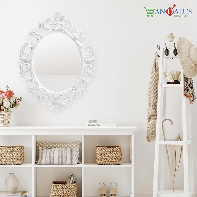 ANDALUS Small White Oval Vintage Mirror with Convenient Sawtooth Hook on Back - Pack of 1, Lightweight Ornate Wall Mirror for Home Decor, 11.5” x 15”