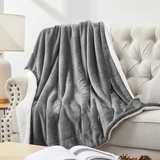 Walensee Sherpa Fleece Blanket (Queen Size 90”x90” Grey) Plush Throw, Gray Fuzzy Super Soft Reversible Microfiber Flannel Blankets for Couch, Bed, Sofa Ultra Luxurious Warm and Cozy for All Seasons