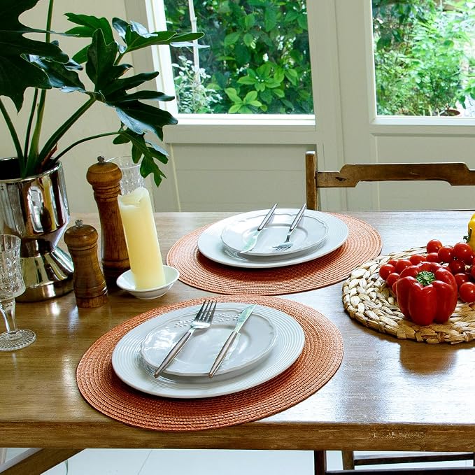 FunWheat Round Braided Placemats Set of 6 Table Mats for Dining Tables Woven Washable Non-Slip Place mats 15 Inch(Pumpkin Orange)