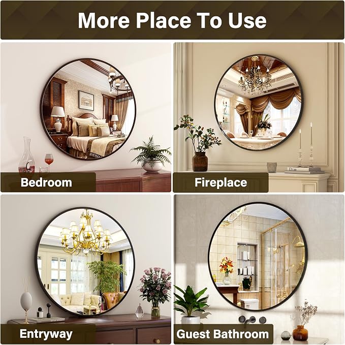 XRAMFY 36 Inch Round Mirror-Black Circle Mirrors for Bathroom, Entryway | Modern Hanging Vanity Mirror for Livingroom, Wall Decor, Bedroom, Matte Black Circle Decorative Wall Mirror