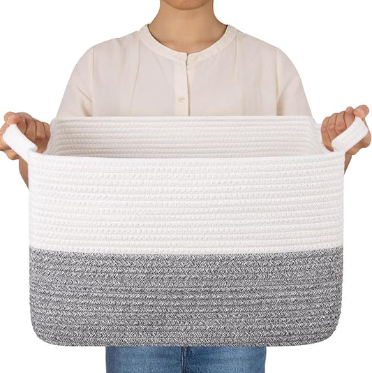 OIAHOMY Woven Storage Basket for Shelves, Rectangle Cotton Rope Baskets for Organizing, 16 x 12 x 10 in, Storage Bins for Dog Toys,Towel,Books,Gift,Grey and White