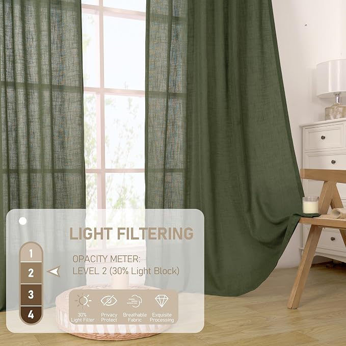 Olive Green Linen Curtains for Living Room 84 inch Length 2 Panels | Light Filtering Curtains, Semi Sheer, Rod Pocket Back Tab, Christmas Panels, Bedroom, Sliding Glass Door, 52 x 84 Inch