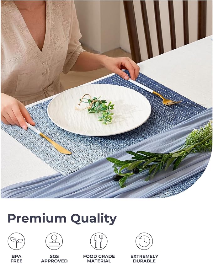 Leetaltree Gradient Blue Woven Placemats Set of 12 - Heat Resistant Non-Slip Place mats for Dining Table, Washable Durable PVC Vinyl Woven Table Mats(Gradient Blue, 12)