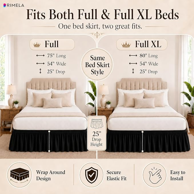 Black Bed Skirt Full Size 18 Inch Drop, Elastic Wrap Around Bedskirt | Solid Ruffled, Easy to Use, No Mattress Lifting, Wrinkle & Fade Resistant, with Adhesive Strips, Machine Wash/Dry/Iron