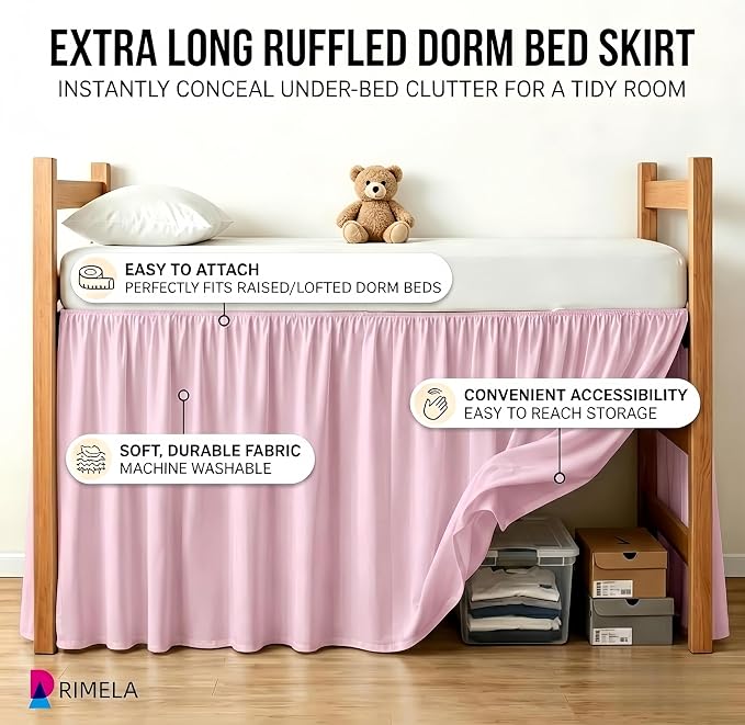 College Dorm Bed Skirt Twin XL 42" Drop, Slit Corner Bedskirt, Dusty Pink | Solid ruffled, Wrap-around/elastic, Wrinkle & Fade resistant, with Adhesive Strips, Gift Packed, Machine Wash/Tumble Dry/Iron