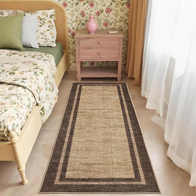 COZYLOOM 2x6 Bathroom Rug Runner Machine Washable Area Rugs for Entryway, Non Slip Stain Resistant Bordered Rug Non Shedding Low Pile Carpet Foldable Thin Soft Mats for Bedroom, Hallway, Brown