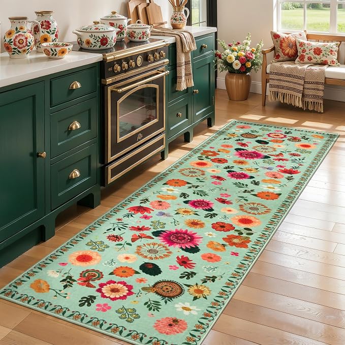 Ciicool 2x8 Hallway Runner Rug Floral Non Slip Washable Kitchen Rugs | Boho Soft Low Pile Long Carpet for Entryway Laundry Bedroom Carpets
