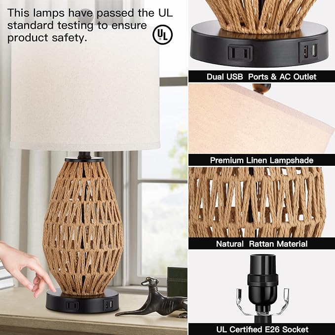 CINSARY Touch Control Rattan Table Lamps, 3 Way Dimmable Bedside Lamps for Bedroom Set of 2 with 2 USB Ports and AC Outlet, Wicker Nightstand Lamps for Living Room (LED Bulbs Included), Rattan