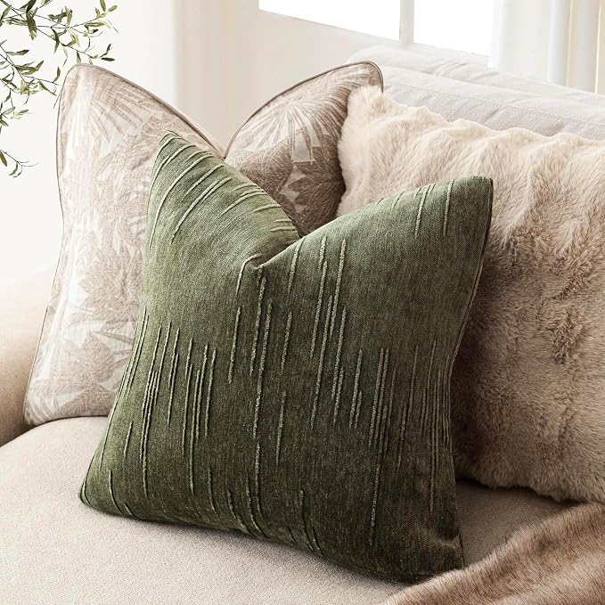 Foindtower Pack of 2 Slubby Textured Chenille Throw Decorative Pillow Covers Square Accent Solid Cushion Cover Soft Farmhouse Pillow Case for Couch Sofa Bedroom Living Room 20x20 Inch,Dark Olive Green