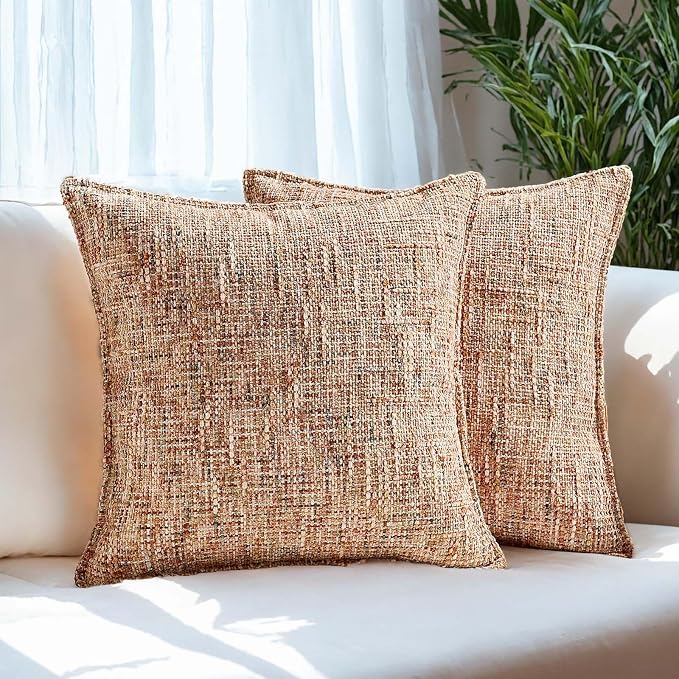 HAUSSY Pack of 2 Chenille Tweed Throw Pillow Covers 18x18 Inch, Rust