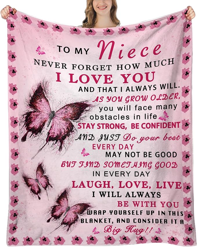 Niece Blanket from Aunt - Niece Gifts from Auntie - Gifts for Nieces from Aunt - Nieces Gift for Birthday & Graduation, Soft Flannel Throw Blanket, Pink Butterfly, 60"x50"
