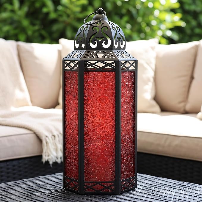 Vela Lanterns Decorative Indoor Candle Holder Table Centerpieces - Moroccan Hanging Outdoor Patio & Porch Home Decor, Turkish Floor Lamp for Wedding, Ramadan (Extra Large 16", Red Glass)