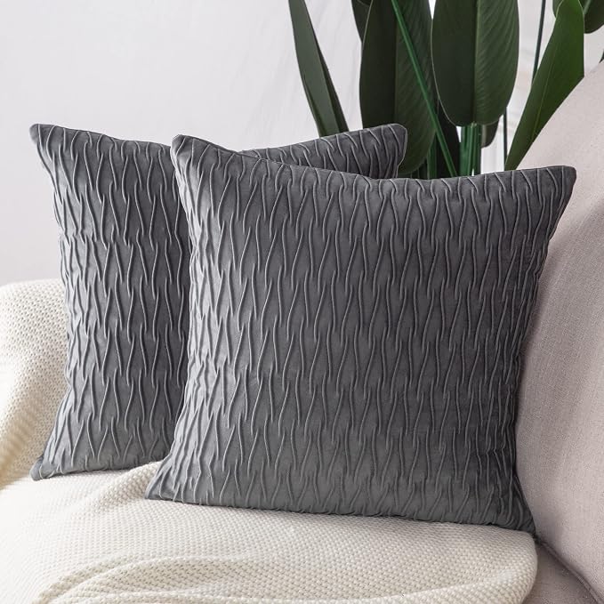 MADIZZ Set of 2 Super Soft Velvet Decorative Throw Pillow Covers 24x24 inch Grey Square with Texture Luxury Style Cushion Case European Pillow Shell for Sofa Bedroom