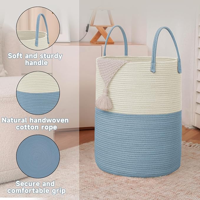 JMvicyroam 80L Cotton Rope Laundry Basket Hamper, White and Blue | Collapsible laundry basket, reinforced handles, freestanding, machine washable, holds 3-5 thick blankets, clothes or toys