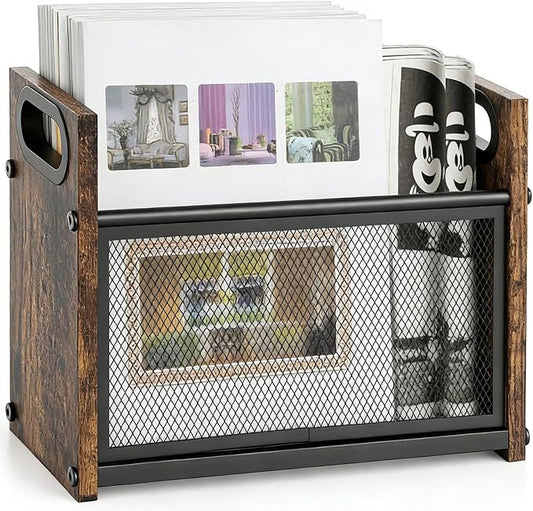 Rustic Magazine Holder, Wood Magazine Rack Floor, Magazine Storage Basket, Mesh Magazine File Holder, Magazine Holders for Shelves，Magazine Stand for Desk, Folder Organizer Bin for Magazines