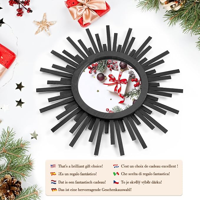 24 Inch Boho Sunburst Mirror, Round Wooden Wall Decor Starburst Sun Mirror for Bedroom, Living Room, Bathroom, Hallway, Balcony, Farmhouse Entryway, Housewarming Gift（Black