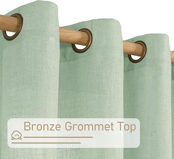 Fresh Green Linen Curtains for Bedroom 54 Inch Length 2 Panels | Semi Sheer, Light Filtering, Curtains for Farmhouse, Dining Room, Kitchen, Bronze Grommet, Neutral Drapes, 52 x 54 Inch