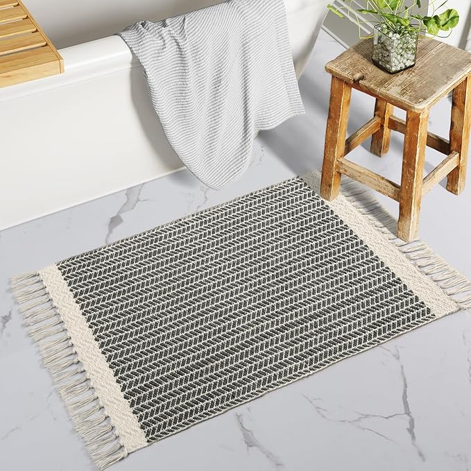 Lahome Boho Bathroom Rugs, Small 2x3 Front Door Mat for Kitchen, Washable | Indoor Entryway Area Rug Woven Cotton with Tassels, Farmhouse Non Shedding Grey Throw Low Pile Carpet for Bath Entry Laundry