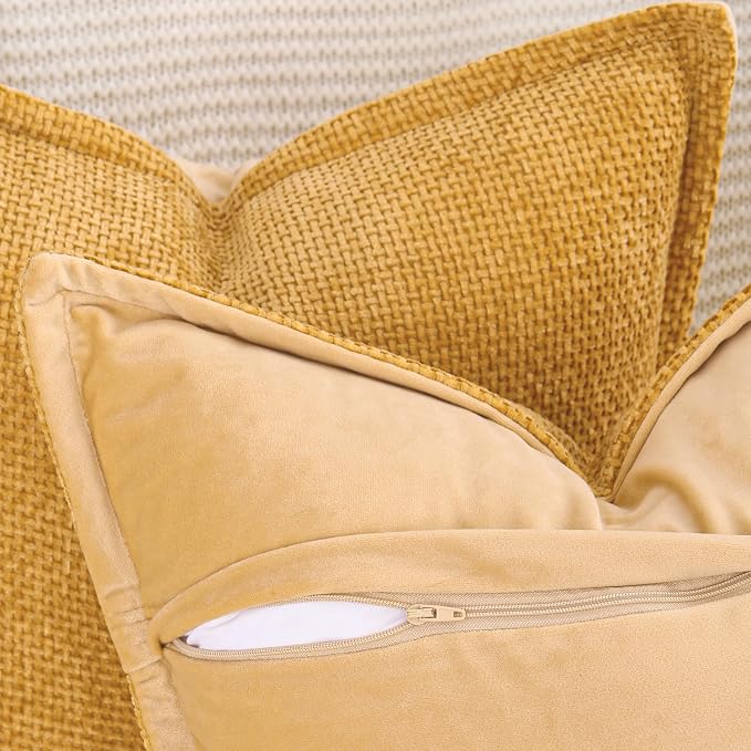 MADIZZ Decorative Chenille Velvet Throw Pillow Covers Set of 2 Soft Boho Textured Neutral Couch Throw Pillow for Bed Modern Farmhouse Home Decor for Sofa Livingroom Yellow 20x20 Inch