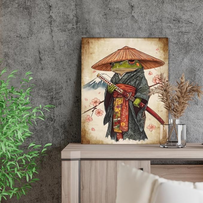 Wesluin 8"x10" Samurai Frog Canvas – Vintage Japanese Amphibian Wall Art | Stoic bushi-toad grips katana amid sepia-toned swirls. Croak-murai legend. Hook included, ready to hang.