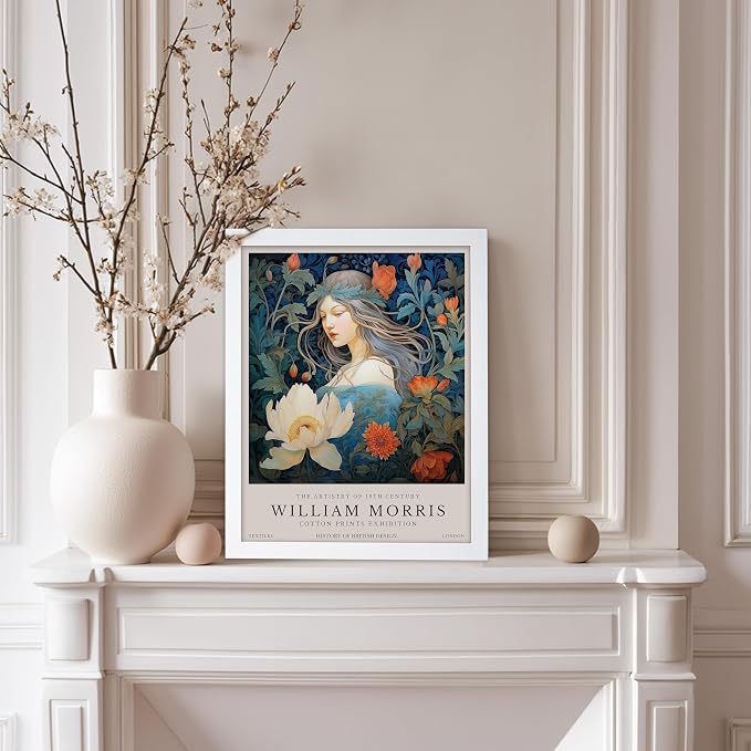 Monem Art William Morris Poster - Woman and Flowers Art Print - Lady Art - Floral Design - Flower Illustration - Aesthetic Bedroom or Living Room Decor - 11x14 White Framed