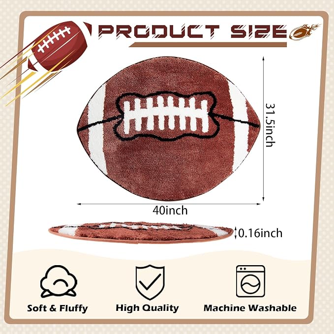 Funtery Large Football Rug for Boys Room Decor 32x39" Non Slip Absorbent Sports Soft Carpet Sports Area Rug Washable Touchdown Mat for Bathroom Playroom Athlete Back to School (Brown Football)