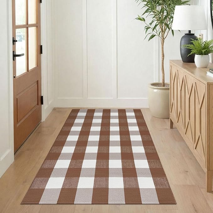 KILOCOCO Buffalo Plaid Checkered Rug 3x5 ft Brown and White Front Door Rug | Machine Washable Front Porch Rug, Outdoor Indoor Entryway Rug, Cotton Layered Doormat, Low Pile Rugs for Kitchen Patio