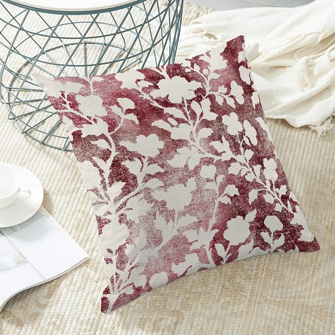 Burgundy Red White Floral Pillow Covers 18x18 Set of 2, Retro Decor Modern Style Abstract Flower Throw Pillows Farmhouse Outdoor Decorative Cushion Case Decorations for Home Couch Sofa Bed
