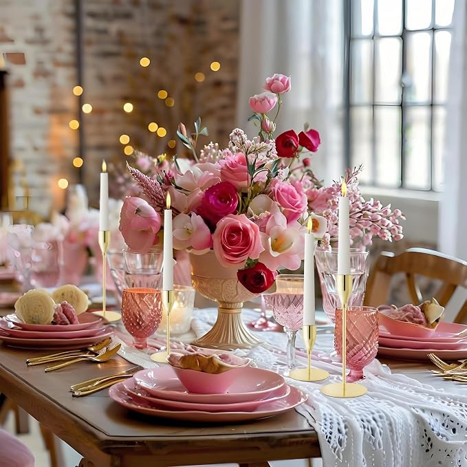Gold Candlestick Holders, Metal Taper Candle Holders, Set of 6 | Elegant gold candle stands, 3 heights, for wedding centerpieces, dining tables, mantels, parties, Thanksgiving and home decor