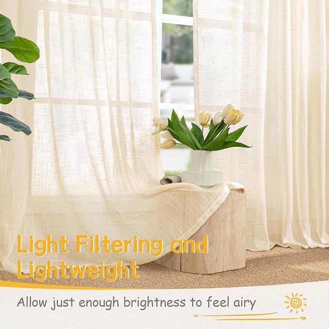 Linen Sheer Kitchen Curtains 36 Inch Cafe Back Tab Rod Pocket 2 Panels