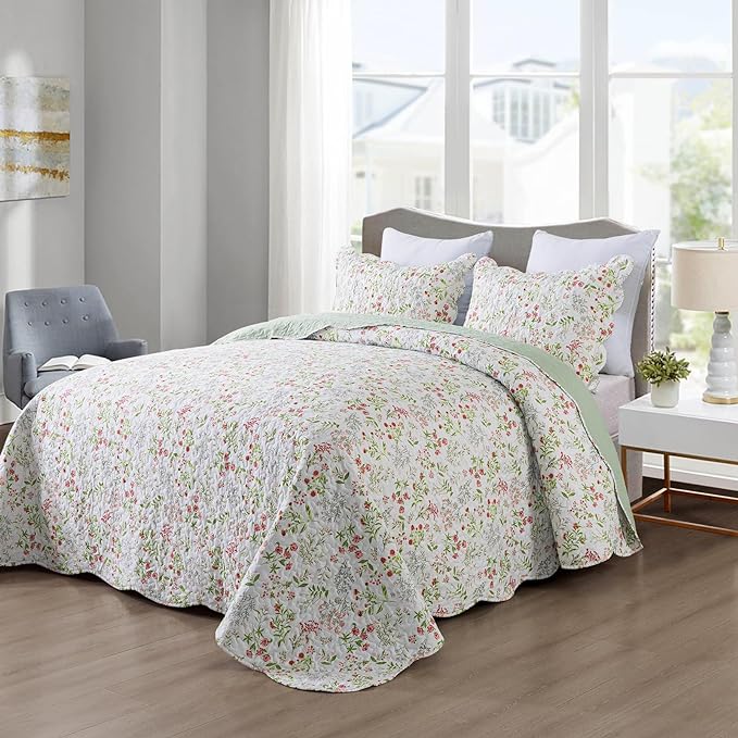 Travan 3-Piece Quilt Set Quilted Bedspread Lightweight Coverlet Set Garden Style Floral Printed Oversized Quilted Bedding Set with Shams for All Season, Flower Sea, Queen Size